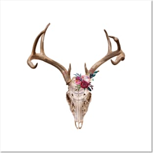 Deer skull with flowers Posters and Art